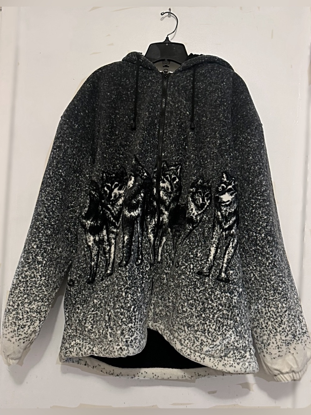 Black & White Wolf Graphic Zip-Up Hoodie Sweater - Unbranded